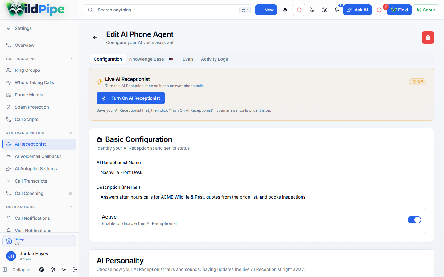 AI Phone & Text Assistants in WildPipe: an AI phone assistant’s greeting, tools, and booking rules