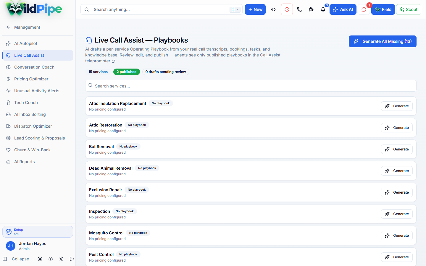 AI Tools in WildPipe: AI-drafted call guides for each service, ready for review
