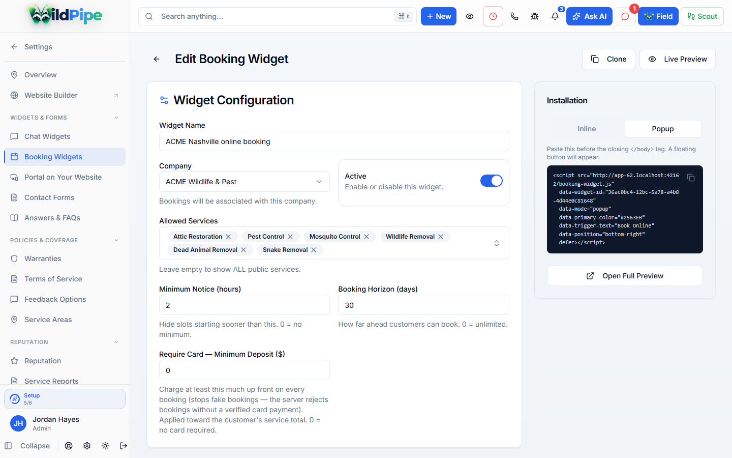 Online Booking in WildPipe: the online booking widget setup with a live preview