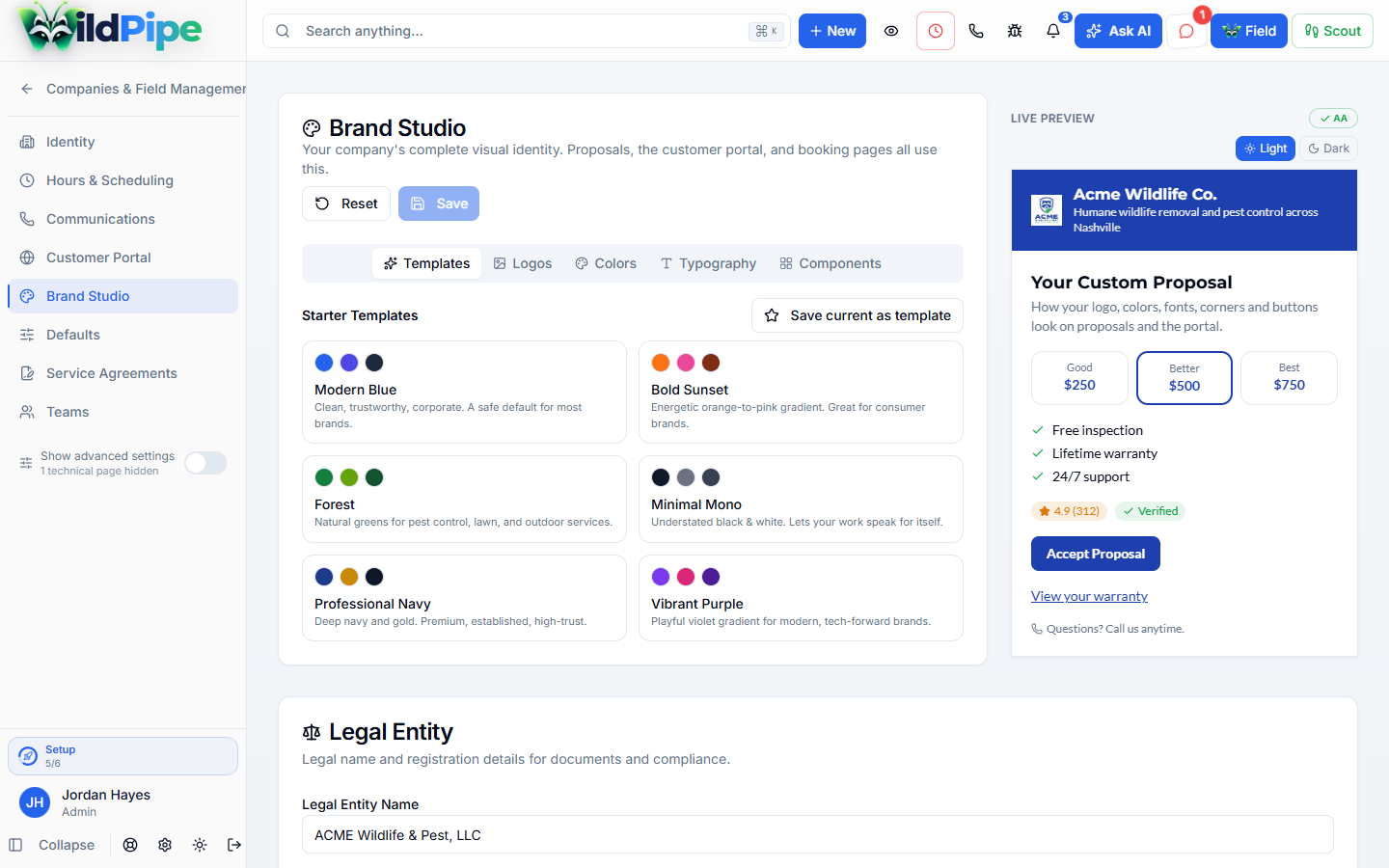 Company Branding in WildPipe: the brand studio with logo, colors, and fonts