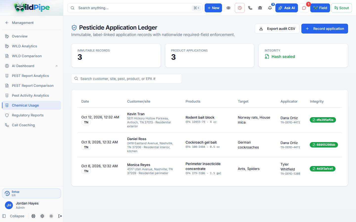 Pesticide & Compliance Records in WildPipe: sealed pesticide application records with EPA numbers and applicators