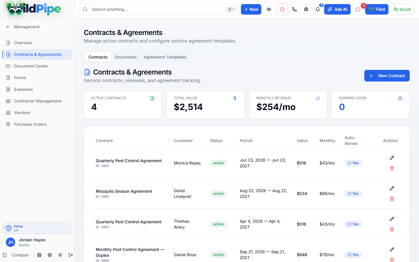 Contracts & Agreements in WildPipe: service agreements with terms, value, and status