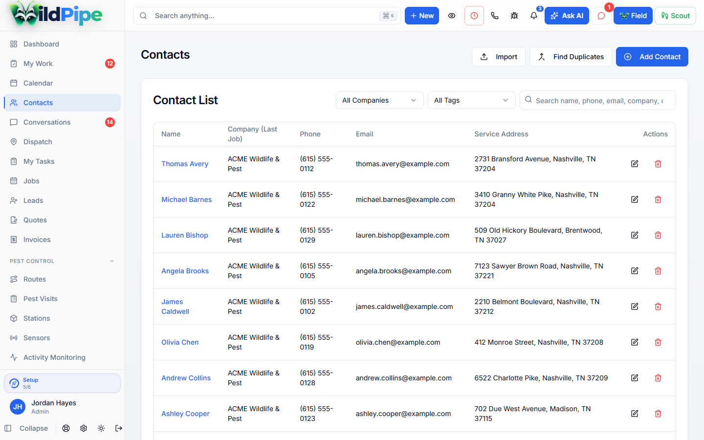 Customer Records in WildPipe: the customer list with phone numbers, addresses, and balances