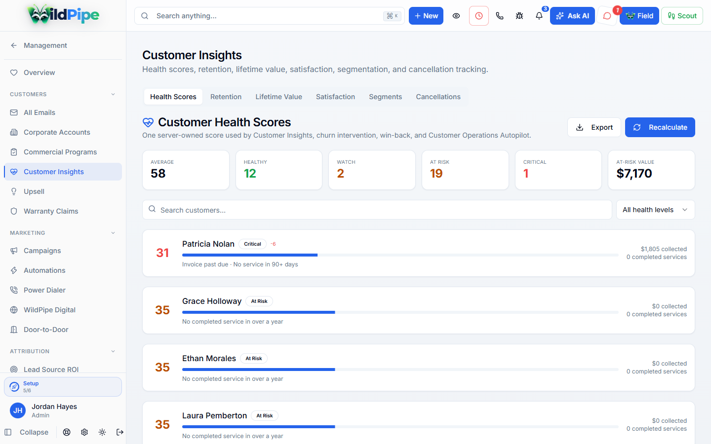 Customer Follow-Up Needs in WildPipe: customer health scores and who needs attention