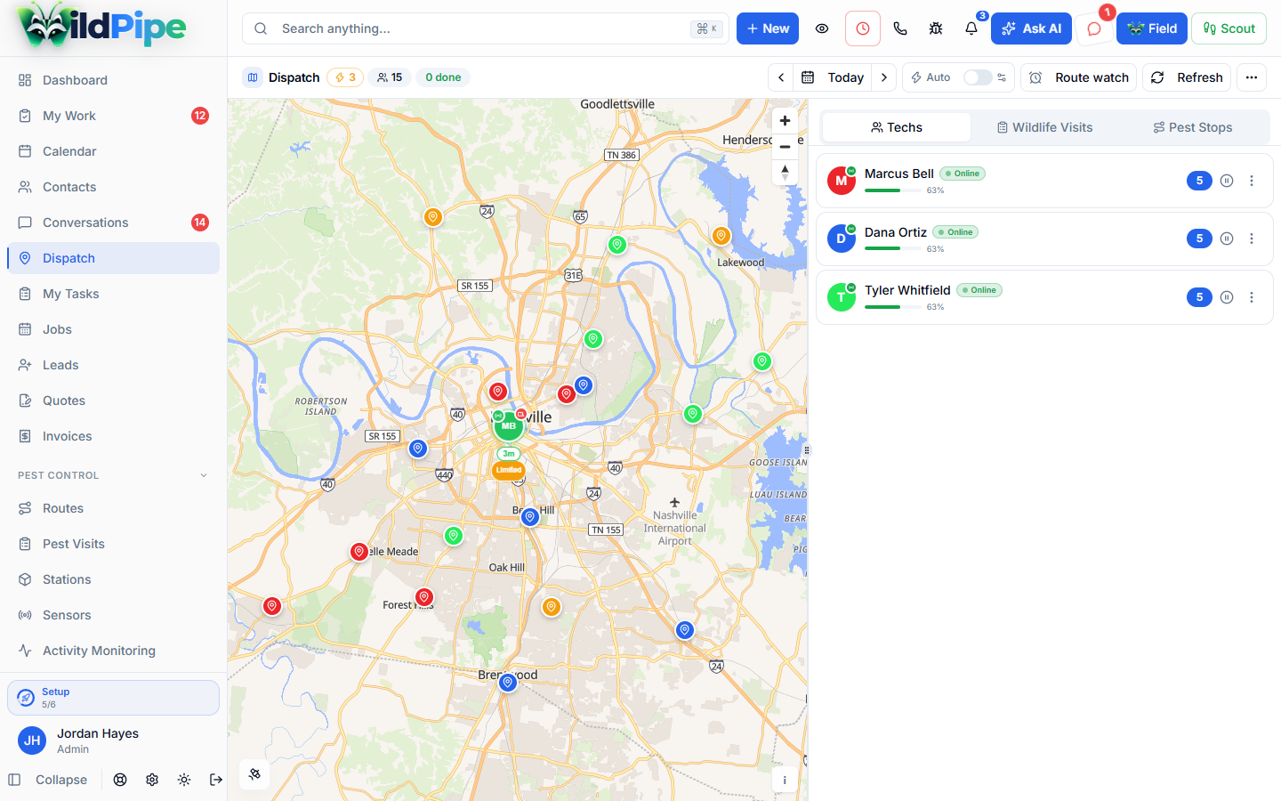 Dispatch Board in WildPipe: the dispatch map with technicians and today’s stops