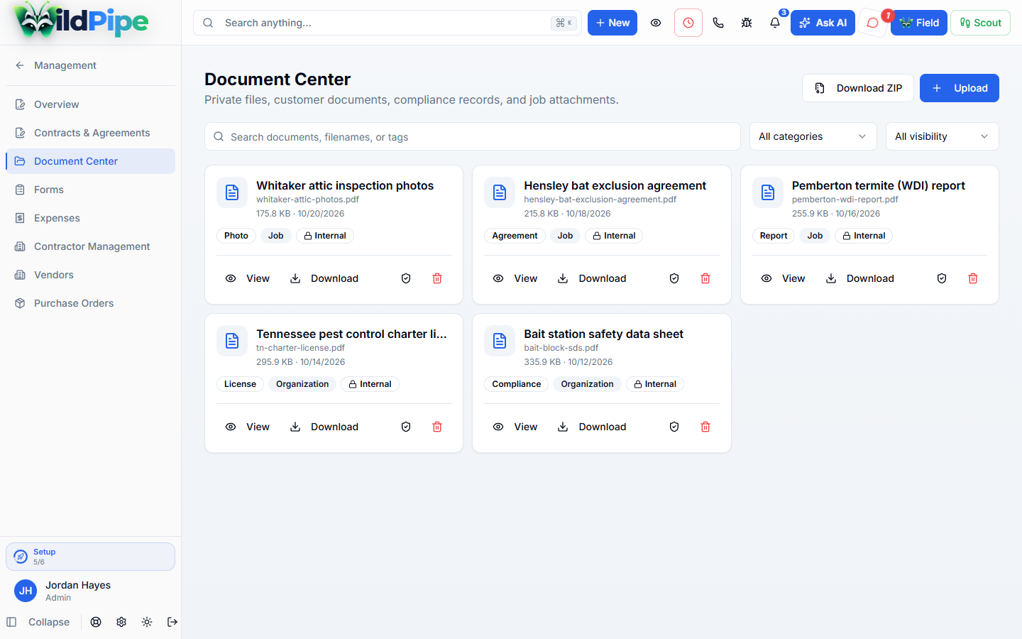Document Center in WildPipe: shared documents filed to jobs and customers