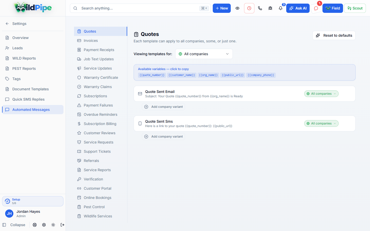 Document & Message Templates in WildPipe: message and document templates