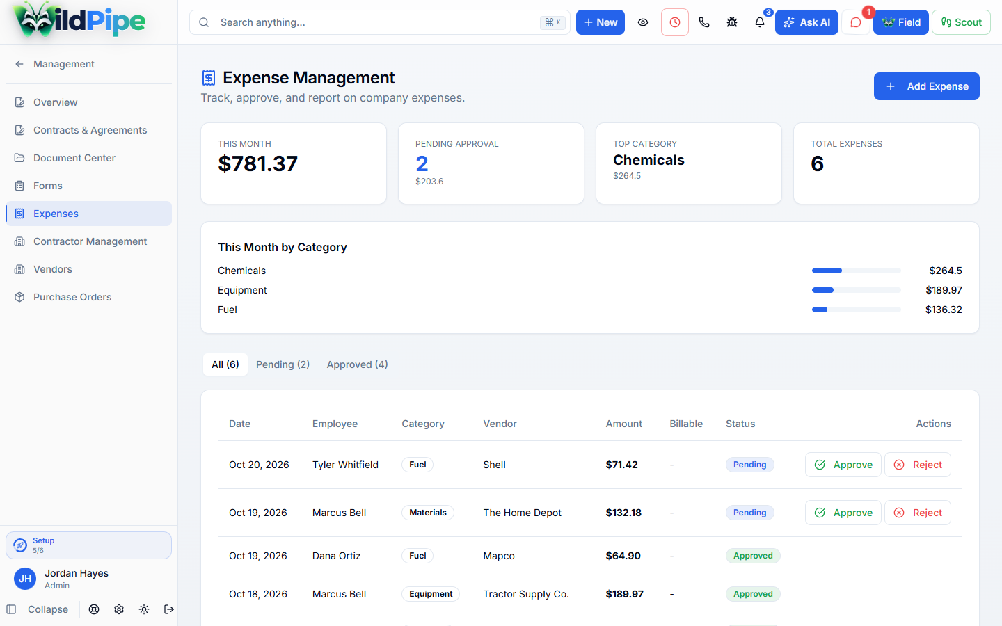 Expenses & Vendors in WildPipe: team expenses with vendors and approval status