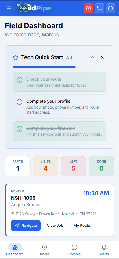 Field App in WildPipe: the technician app with today’s work