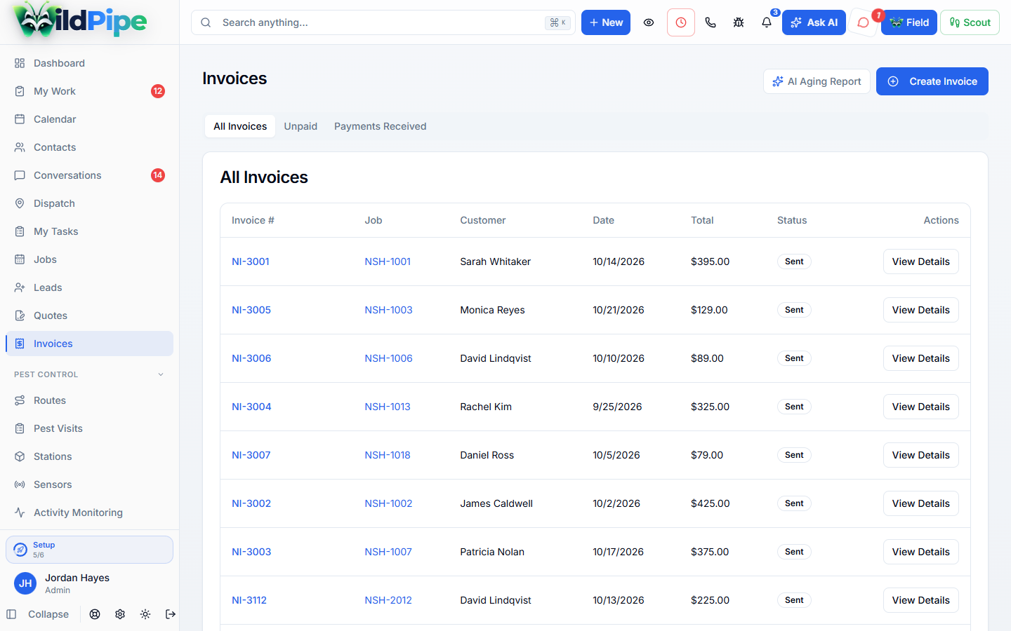 Invoices & Payments in WildPipe: the invoices list with balances and due dates