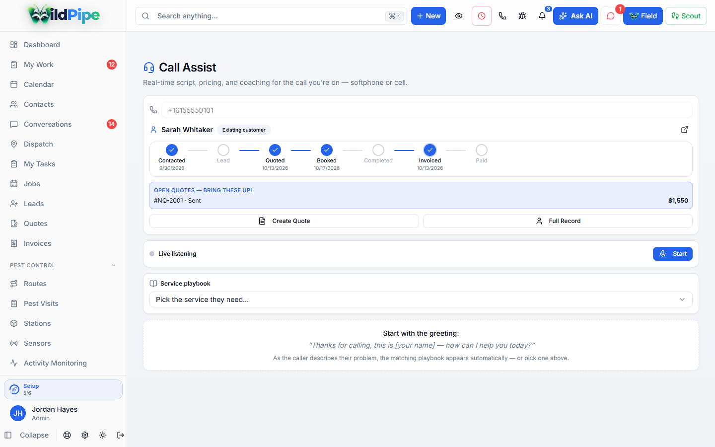 Call Guides in WildPipe: the live call guide next to the caller’s account