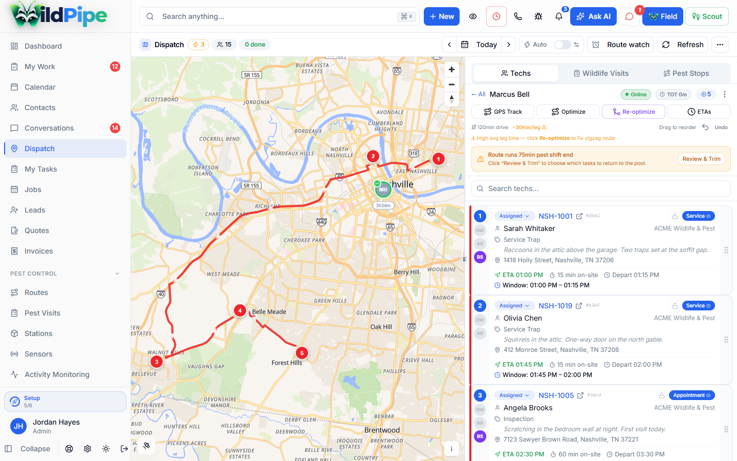Live Technician Tracking in WildPipe: one technician’s live position and route on the dispatch map