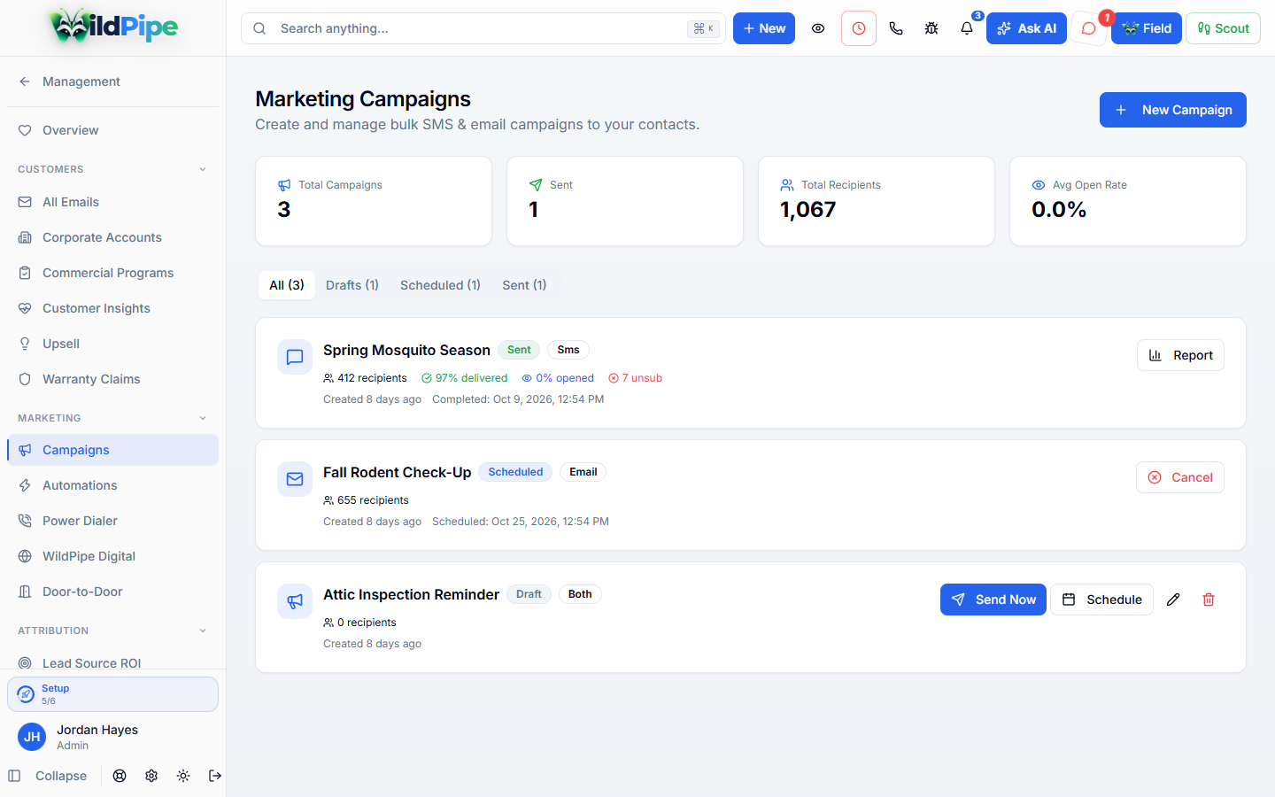 Email & Text Campaigns in WildPipe: text and email campaigns with delivery results