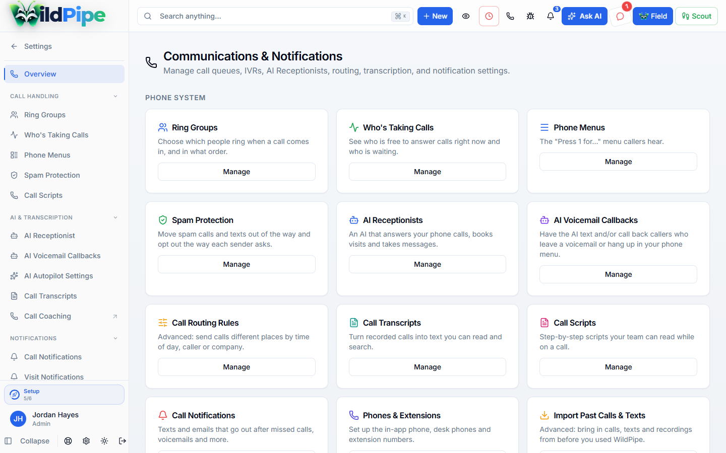 Business Phones in WildPipe: the business phone system settings