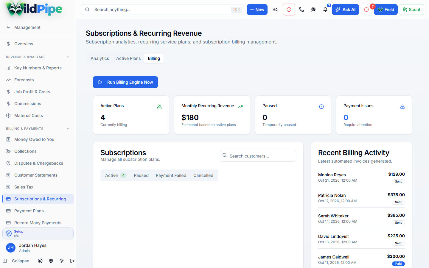 Repeat Service Plans in WildPipe: repeat service plans with billing cadence and next charge
