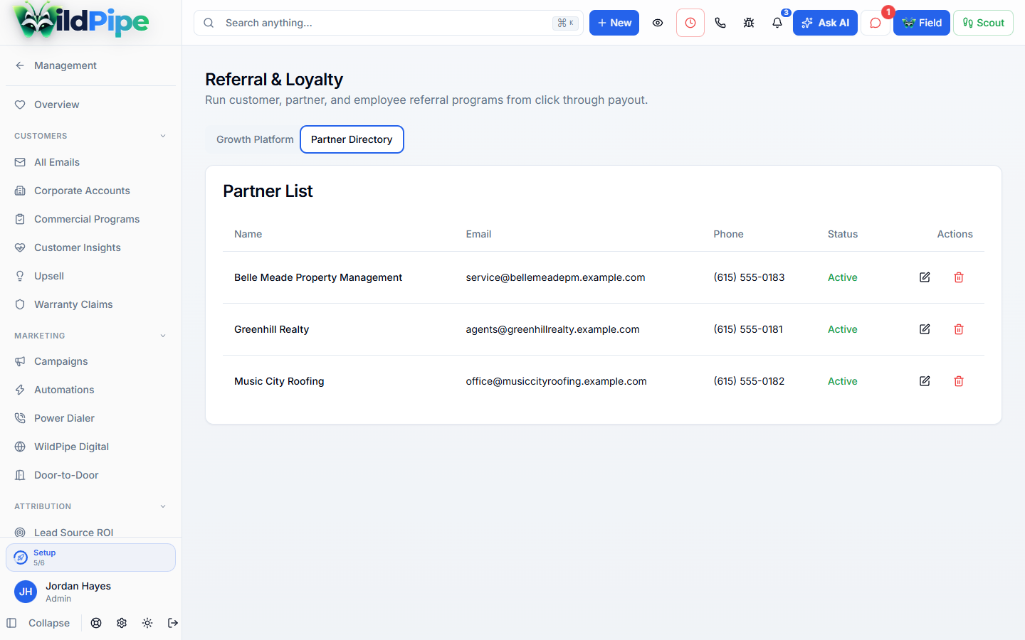 Customer Referrals in WildPipe: referral partners who send you customers