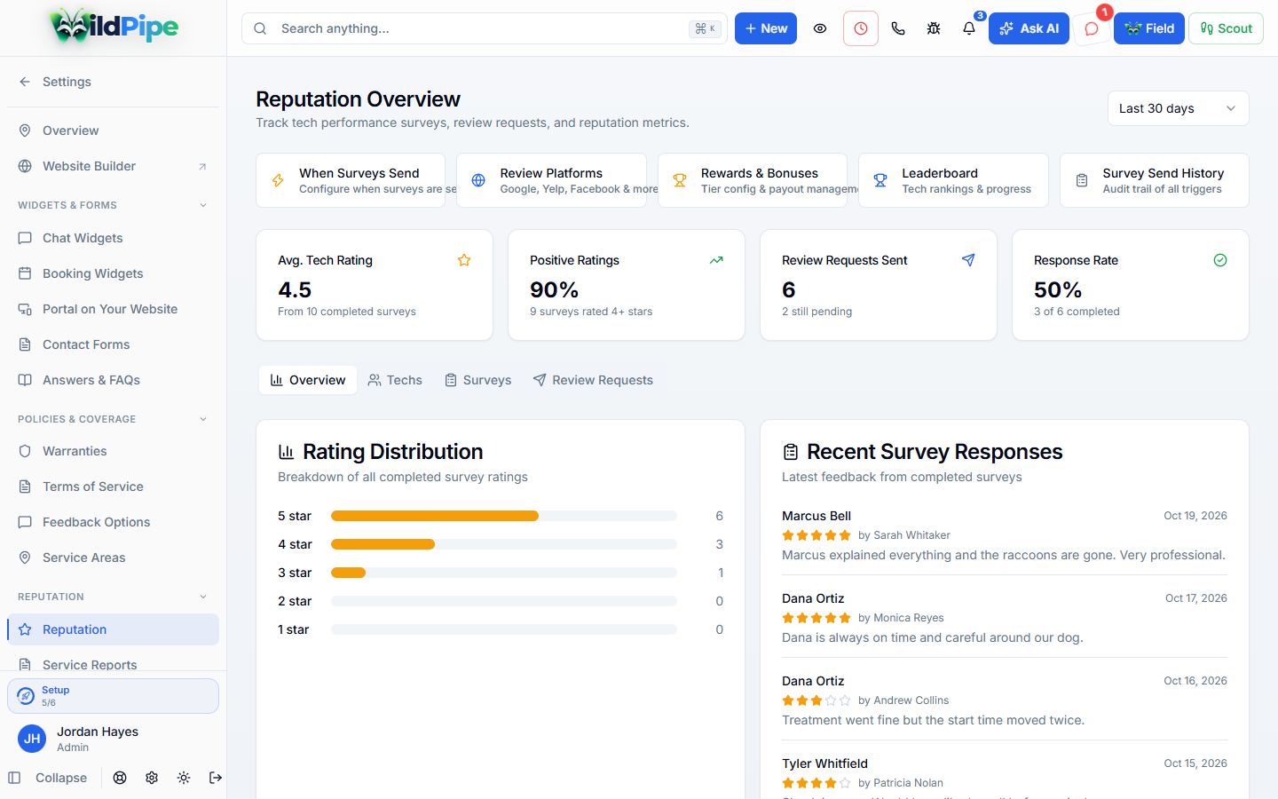 Reviews & Feedback in WildPipe: review requests and customer feedback