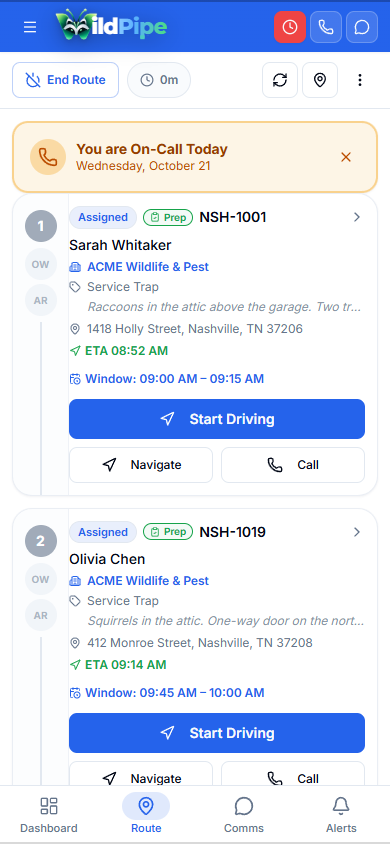 Route Planning in WildPipe: a technician’s ordered route for the day