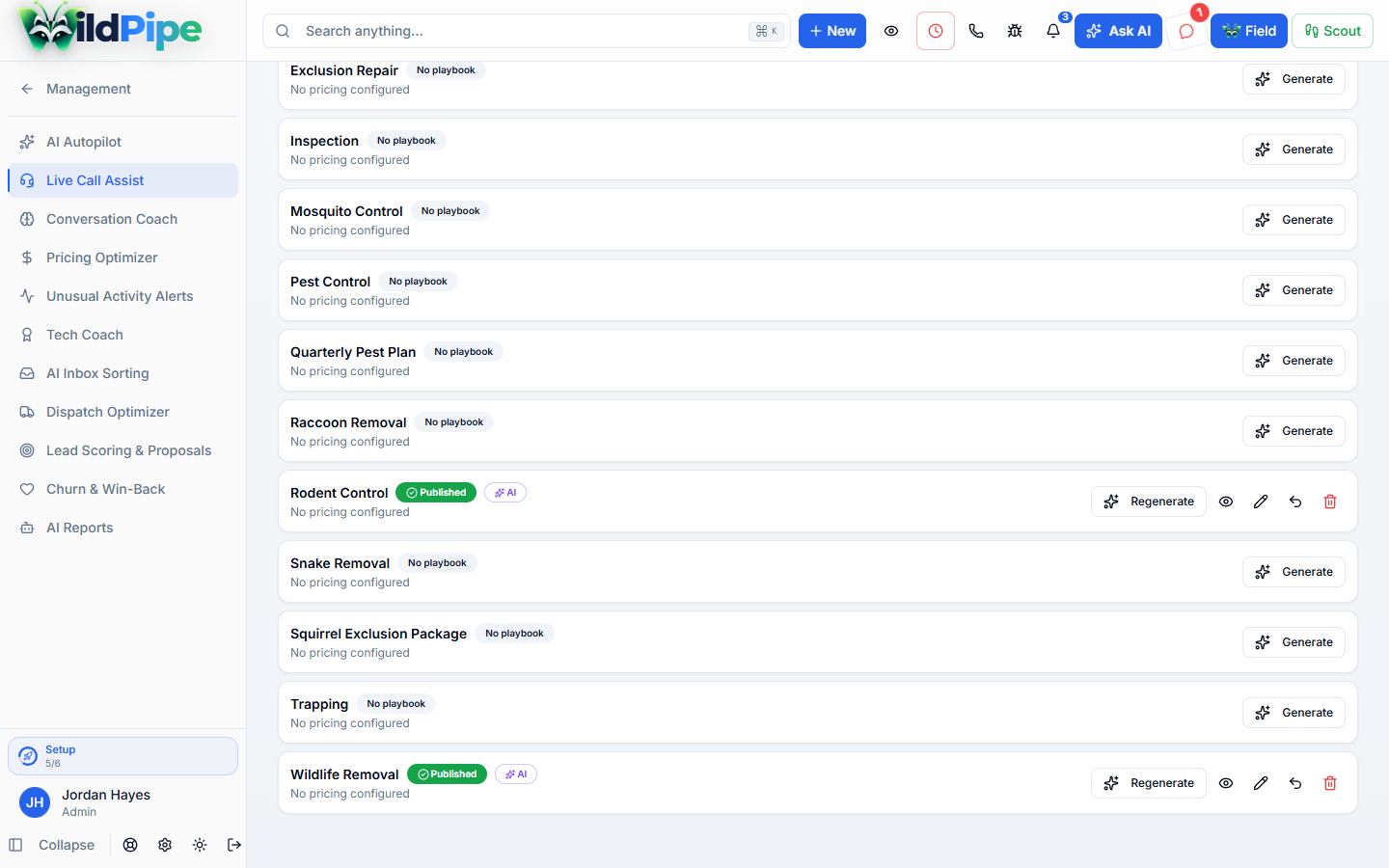 AI Tools, step 1 of 2: AI-drafted call guides for each service, ready for your review.