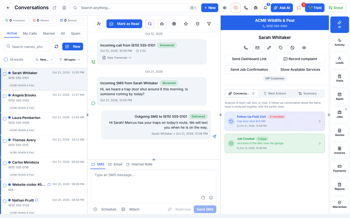 Customer Messages, step 1 of 5: Calls, texts, emails, and chats for each customer in one thread.