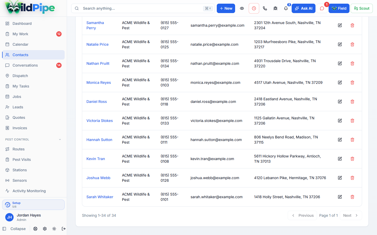 Customer Records, step 1 of 3: Every customer in one list, with phone, email, and service address.