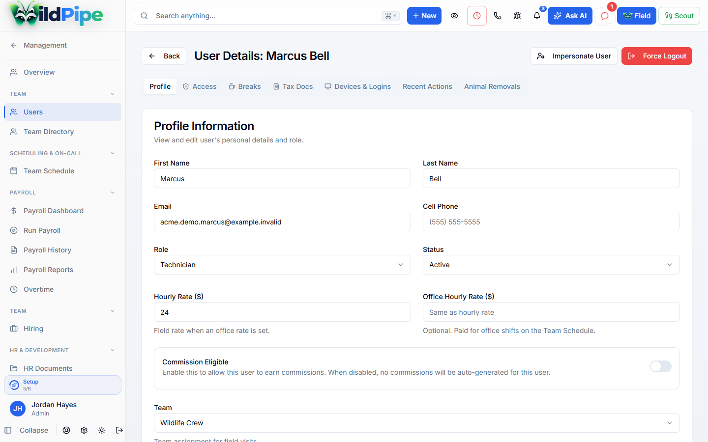 Team Management, step 1 of 3: Each employee’s profile, role, and field settings.