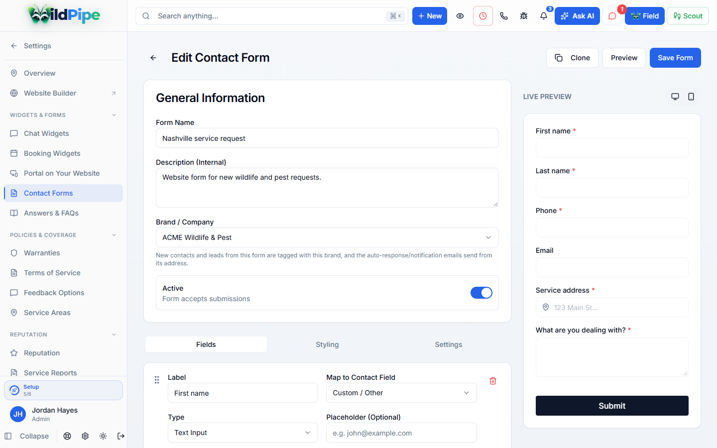 Website Forms & Chat, step 1 of 3: Build your website request form with a live preview.