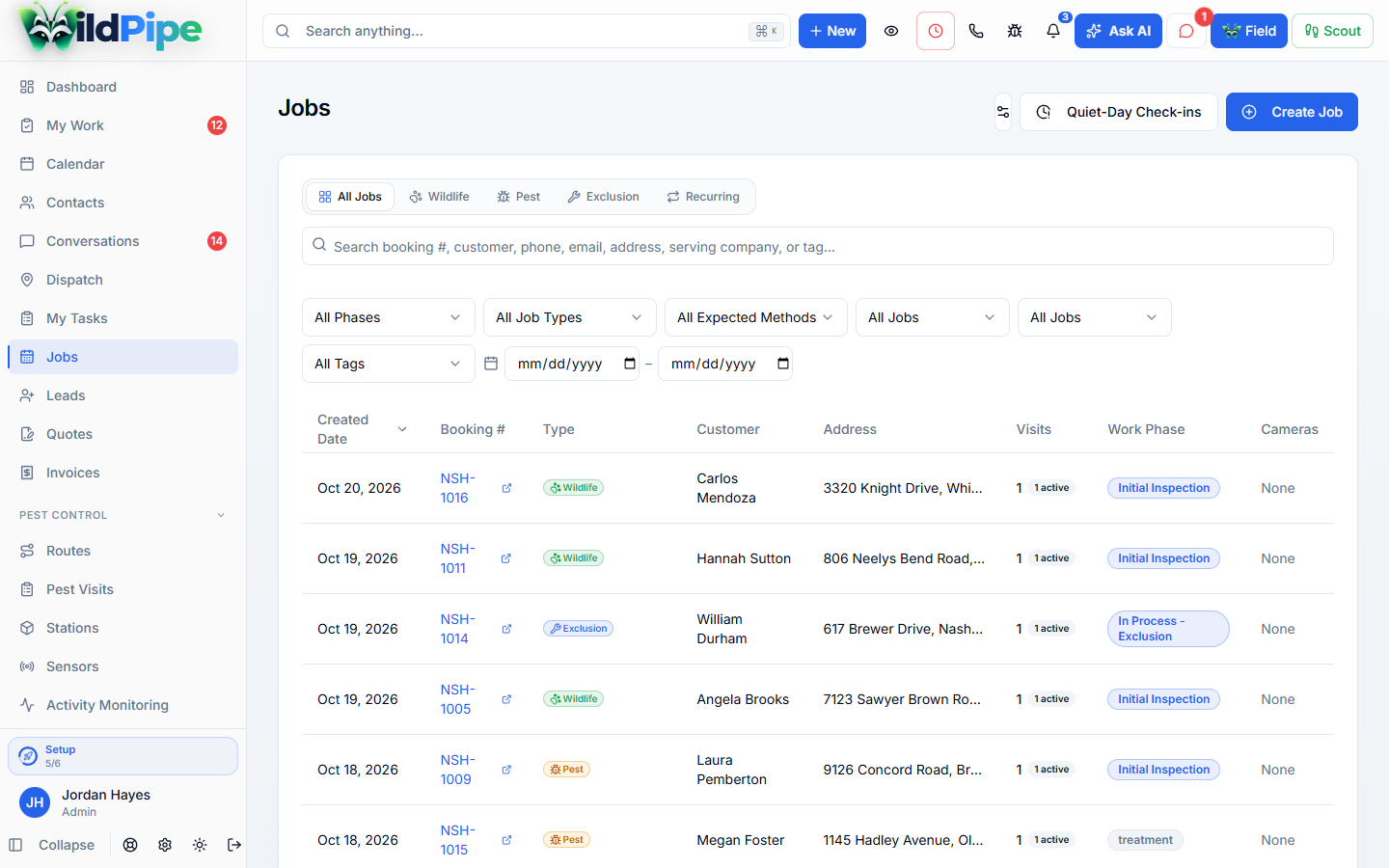 Job Management, step 1 of 3: All your work in one list, with phase, tasks, and linked cameras.