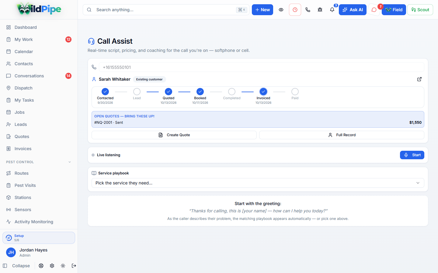 Call Guides, step 1 of 2: On a live call, the customer’s history and stage sit right next to the script.