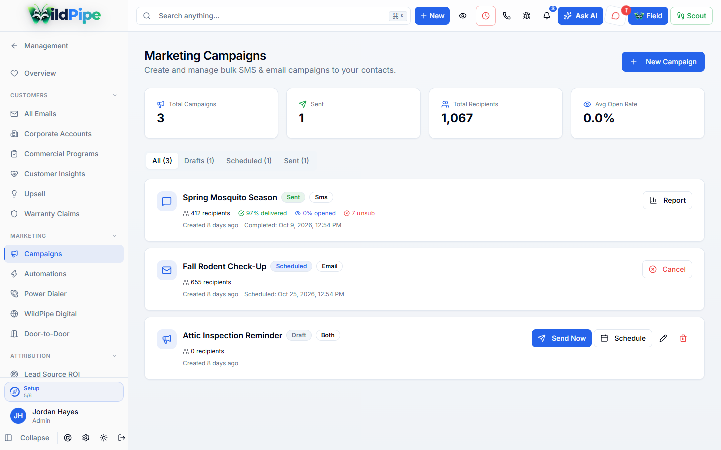 Email & Text Campaigns, step 1 of 2: Text and email campaigns with delivery results.