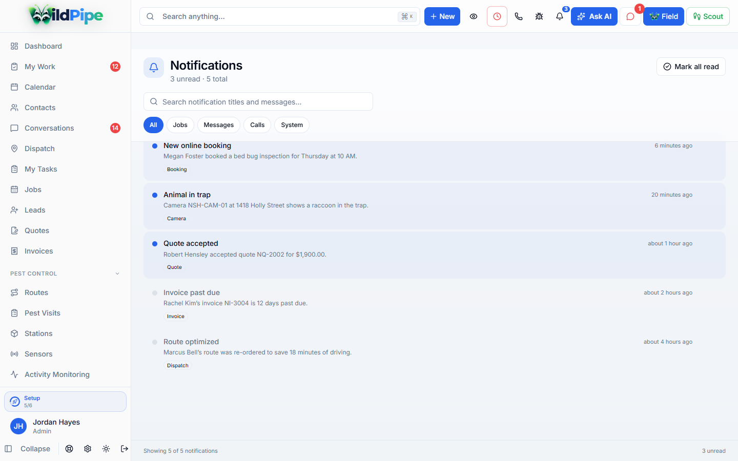 Alerts & Reminders, step 1 of 2: Alerts for bookings, captures, payments, and route changes.