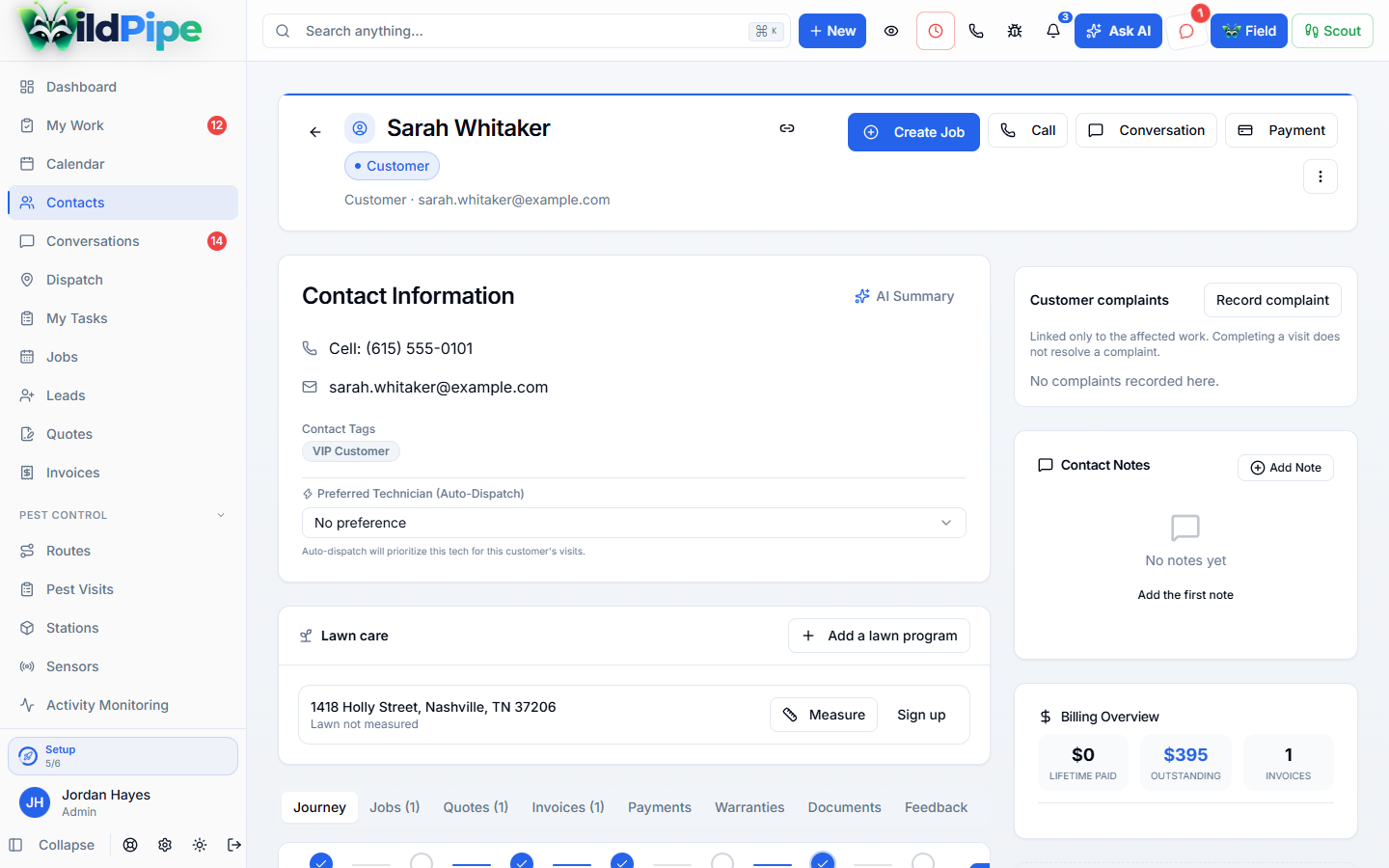 Property Details, step 1 of 3: A customer account opens on an overview: balance, visits, plans, and what needs attention.