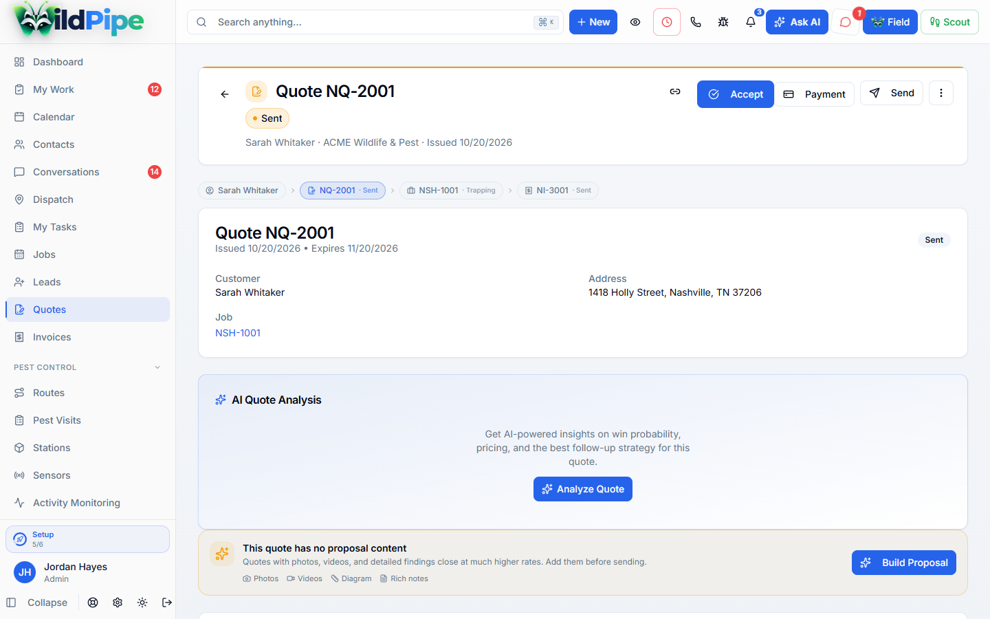 Quotes & Proposals, step 1 of 2: Line items grouped as required, recommended, and optional, with totals that update as the customer chooses.