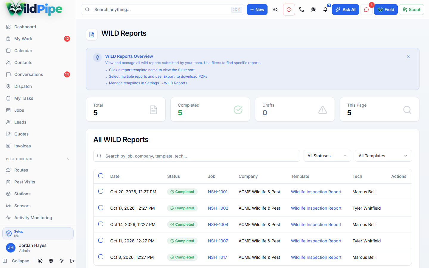 Wildlife Reports, step 1 of 2: Completed wildlife inspection reports for every job.
